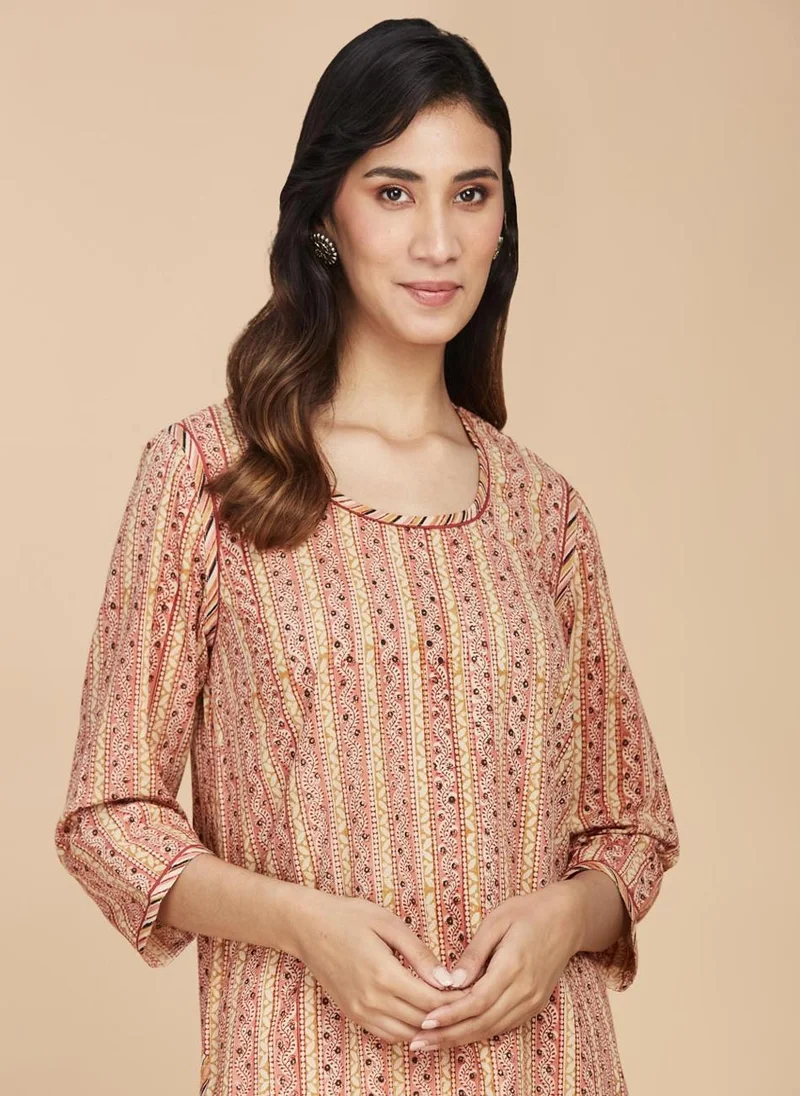 Fabindia Beige Cotton Printed Long Kurti