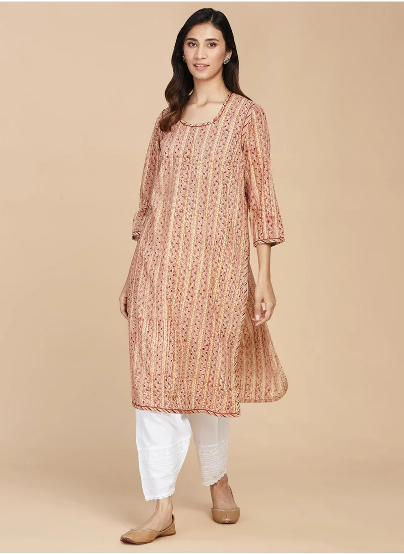 فاب انديا Beige Cotton Printed Long Kurti