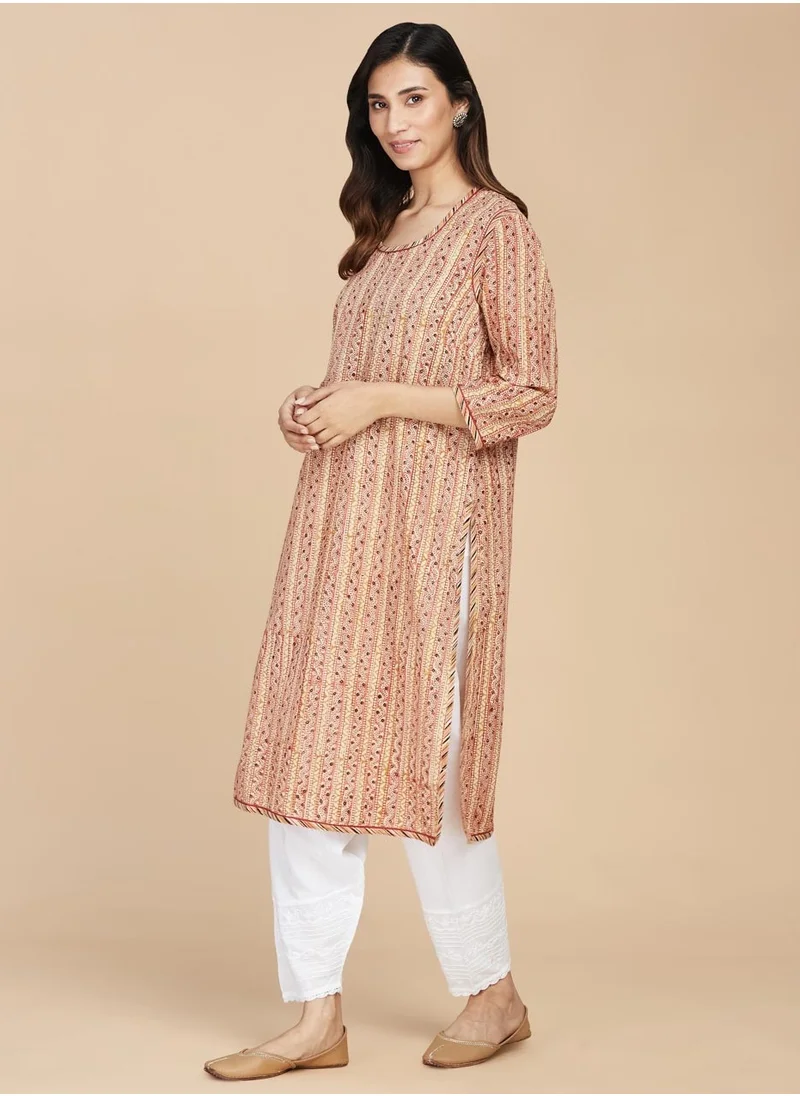 Fabindia Beige Cotton Printed Long Kurti