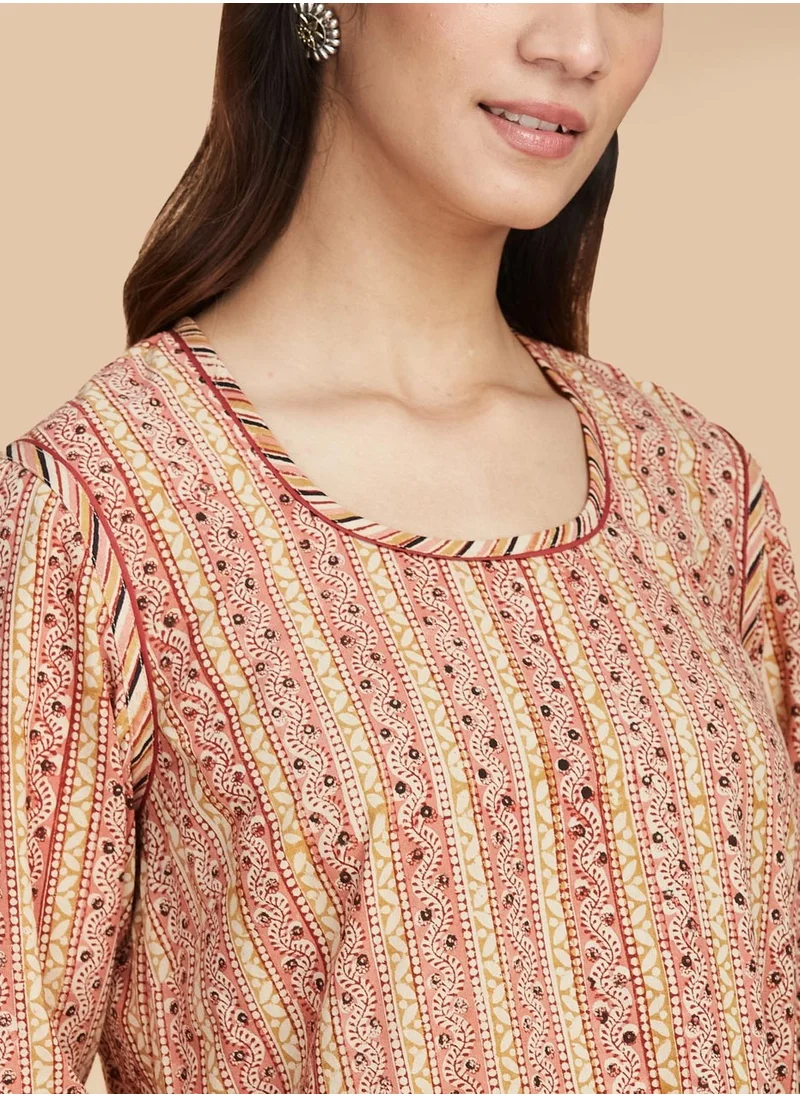 Fabindia Beige Cotton Printed Long Kurti