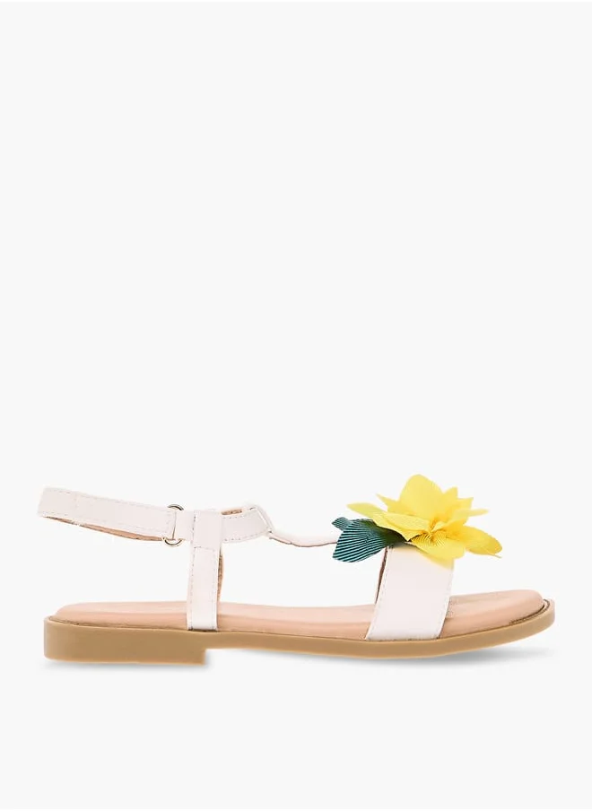 جونيورز Girls Flower Applique Sandals With Hook And Loop Closure