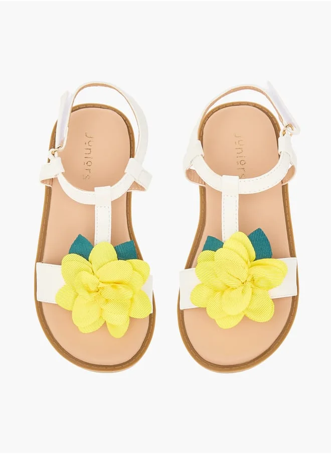 جونيورز Girls Flower Applique Sandals With Hook And Loop Closure