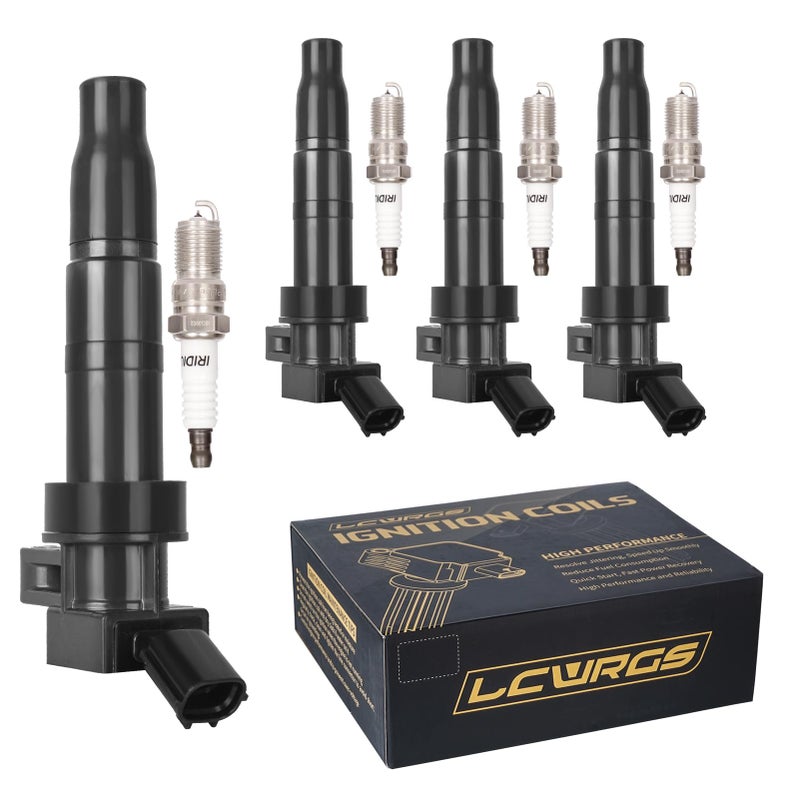 LCWRGS Set of 4 Ignition Coil Pack and Iridium Spark Plugs Fits for 24 L4 Hyundai Sonata Santa Fe Sport Tucson Genesis Equus Kia Optima Sorento Sportage 2011 2012 2013 2014 2015 2016 Replaces UF611