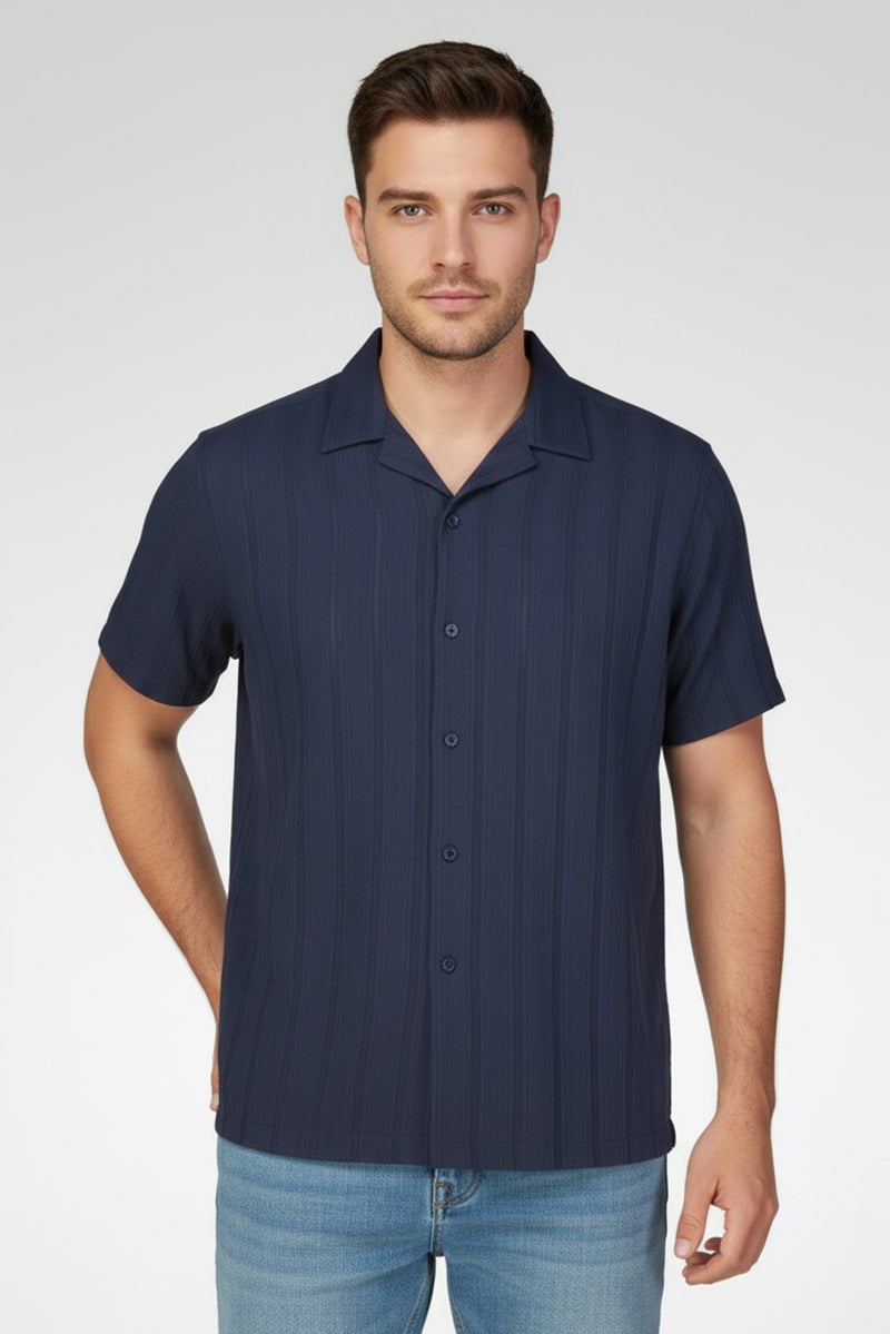Celio Men Regular Fit Textured Short Sleeve Casual Shirt, Slate Blue - Image 1