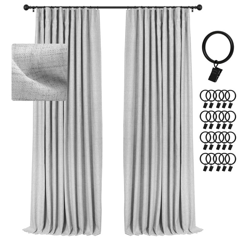 INOVADAY 100 Blackout Curtains for Bedroom Black Out Curtains 84 Inch Long Clip Rings Linen Blackout Drapes Thermal Insulated Room Darkening for Living Room 2 Panels  GreyW50xL84