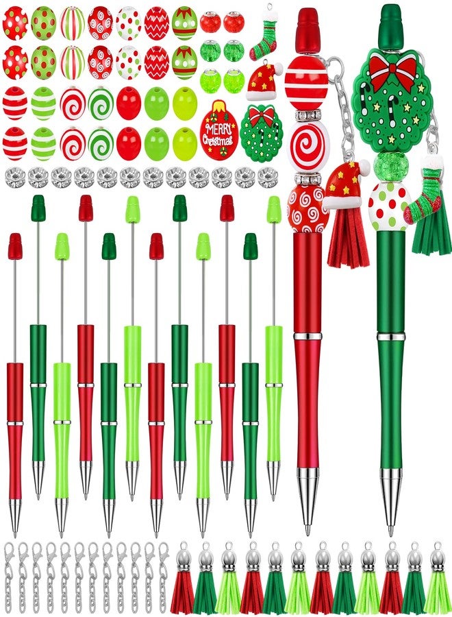 Vellibring 12 Set Christmas Beadable Pens Plastic Bead Pens Winter Classic Color Bulk Ballpoint DIY Crafting Pens Making Kit with Pendants Lobster Clasps for Students Teens School Office Supplies - Image 1