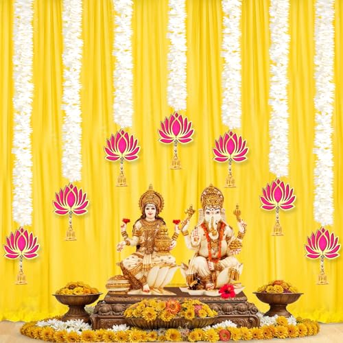 BENAVJI Presents Handmade Artificial Jasmin Mogra Garland String with MDF Lotus in Bell Style for Home Deocr Diwali Decoration Size 60 CM Length Pack of 7 - Image 1