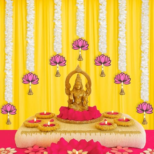 BENAVJI Presents Handmade Artificial Jasmin Mogra Garland String with MDF Lotus in Bell Style for Home Deocr Diwali Decoration Size 60 CM Length Pack of 7 - Image 5