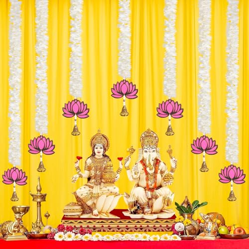 BENAVJI Presents Handmade Artificial Jasmin Mogra Garland String with MDF Lotus in Bell Style for Home Deocr Diwali Decoration Size 60 CM Length Pack of 7 - Image 3