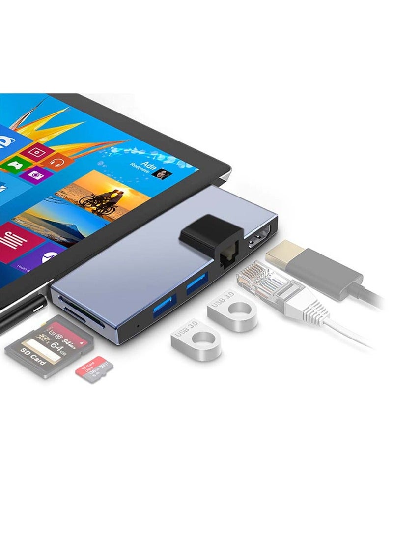محور/دوك 6 في 1 محول USB3.0، مع منفذ إيثرنت، 4K HDMI، 3 منافذ USB3.0 (5Gps)، SD، قارئ بطاقة TF/Micro SD، لجهاز Surface Pro 6/Pro 5/Pro 4 (رمادي فضائي) - Image 1