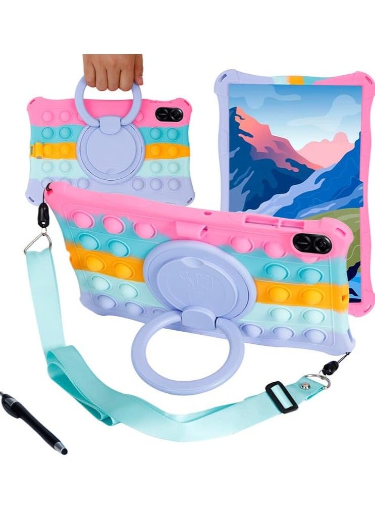 VKL Case Compatible with Honro Pad X9 11.5 Inch 2023 Kids Soft Silicon 360 Rotating Ring Stand Cover with Should Strap and Pen (Colorful Pink) 