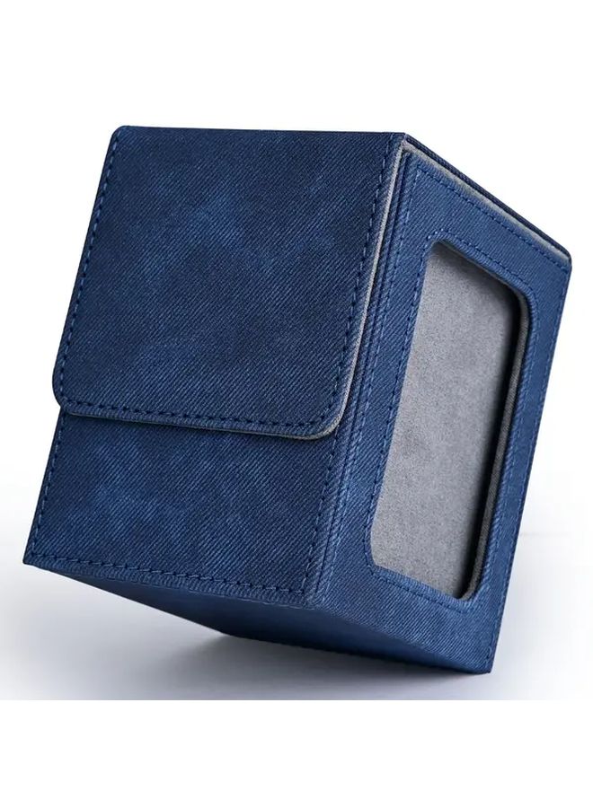 Blue Grey Magnetic PU Leather Card Deck Box Holds 120 Sleeved Cards Display Window - Image 1