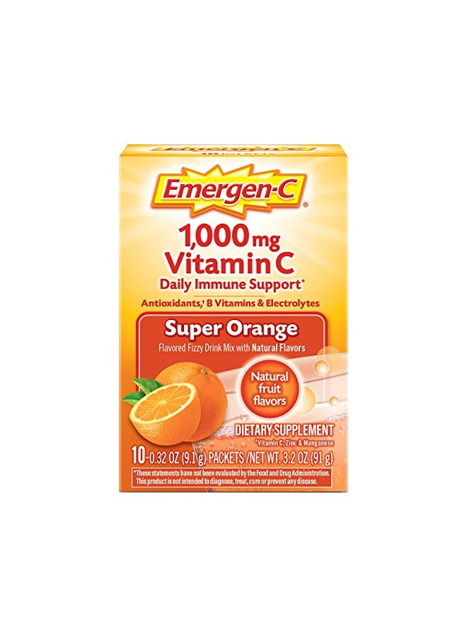 Emergen-C Emergen-C 1000mg Vitamin C Powder for Daily Immune Support Caffeine Free Vitamin C Supplements with Zinc and Manganese, B Vitamins and Electrolytes, Super Orange Flavor - 10 Count - Image 1