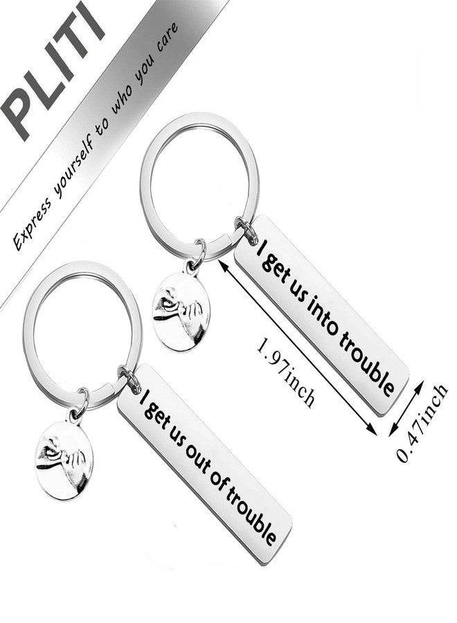 PLITI Funny Best Friend Keychain - 'I Get Us Into Trouble/I Get Us Out Of Trouble' Matching Keyring Set - Gift For Good Friend, Siblings, Troublemaker, Bestie - Friendship Jewelry (Into Trouble Set) - Image 2