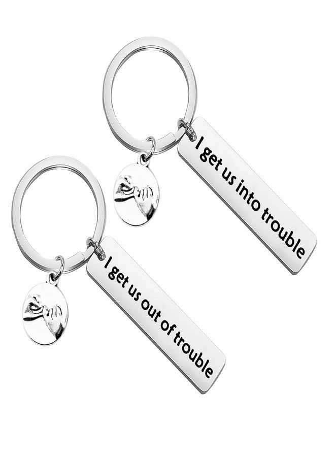 PLITI Funny Best Friend Keychain - 'I Get Us Into Trouble/I Get Us Out Of Trouble' Matching Keyring Set - Gift For Good Friend, Siblings, Troublemaker, Bestie - Friendship Jewelry (Into Trouble Set) - Image 1