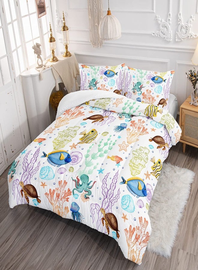 XYNHML Turtle Comforter Set Twin Ocean Watercolor Sea Turtle Bedding Set Tropical Fish Marine Life Bed Set with 2 Pillowcases for Kids Room Decor - Image 2