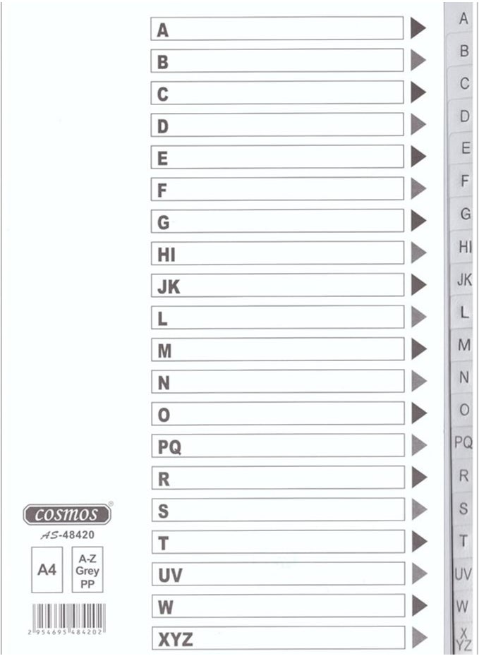 COSMOS COSMOS PVC INDEX DIVIDERS A-Z GRAY COLOUR TABS WITH NO. 1X10PCS 