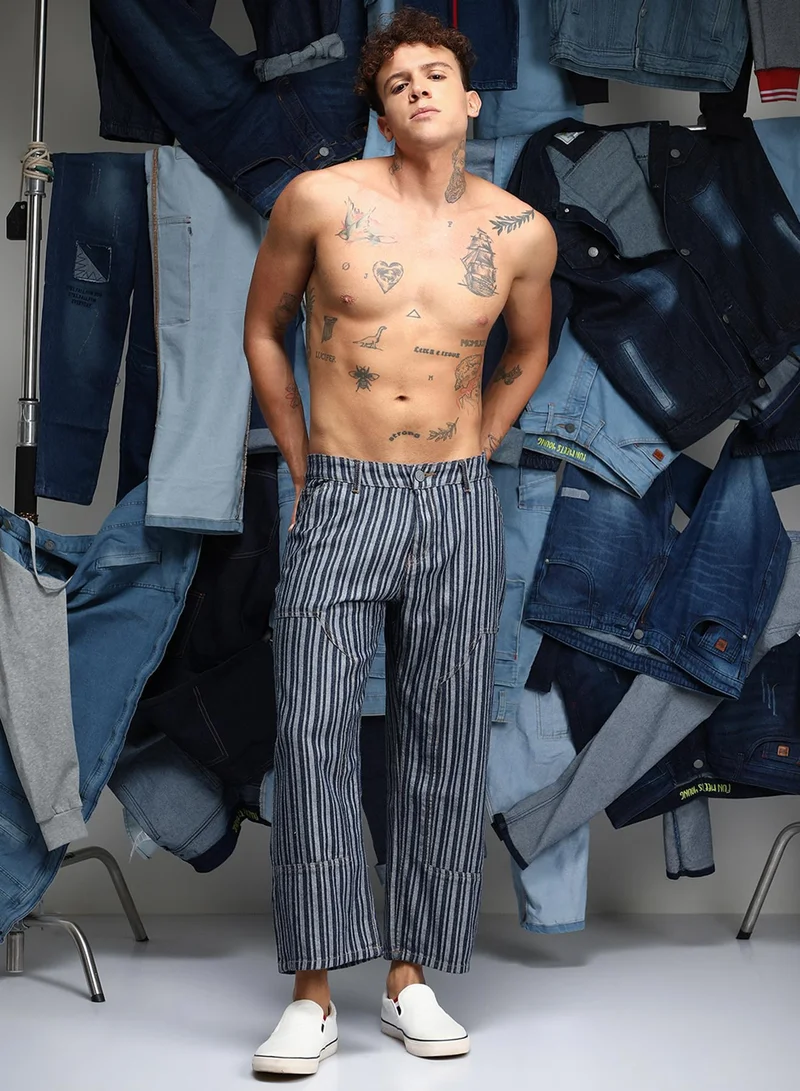 Campus Sutra  Men's Navy Blue Striped Baggy Utility Denim Jeans For Casual Wear | Low-Waist | Dark-Wash | Button & Zip Closure | Denim Jeans Crafted With Comfort Wear For Everyday Wear for Men | Best Price UAE