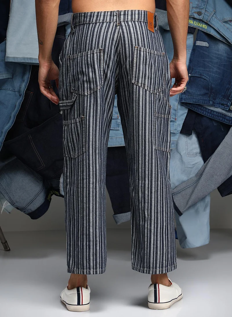 Campus Sutra  Men's Navy Blue Striped Baggy Utility Denim Jeans For Casual Wear | Low-Waist | Dark-Wash | Button & Zip Closure | Denim Jeans Crafted With Comfort Wear For Everyday Wear for Men | Best Price UAE