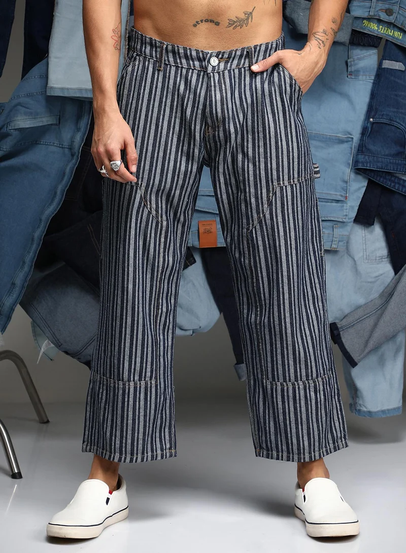 Campus Sutra Men's Navy Blue Striped Baggy Utility Denim Jeans For Casual Wear | Low-Waist | Dark-Wash | Button & Zip Closure | Denim Jeans Crafted With Comfort Wear For Everyday Wear