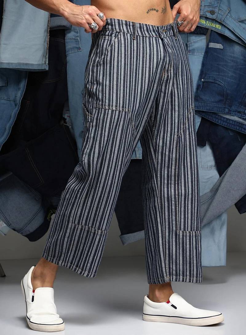 Campus Sutra  Men's Navy Blue Striped Baggy Utility Denim Jeans For Casual Wear | Low-Waist | Dark-Wash | Button & Zip Closure | Denim Jeans Crafted With Comfort Wear For Everyday Wear for Men | Best Price UAE
