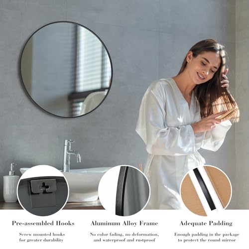 NEWBULIG Round Bathroom Mirror for Over Sink, 24 Inch Wall Mount Vanity Circle Mirror with Matte Metal Framed, Decor for Bathroom, Entryway, Bedroom, Black - Image 4