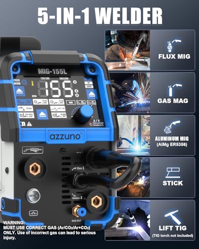AZZUNO Aluminum MIG Welder 155A 110V/220V, 5 in 1 Welding Machine with Gas MAG/Aluminum MIG/Gasless Flux Core MIG/Stick/Lift TIG Welding, Multiprocess Wire Feed Welder Machine - Image 2