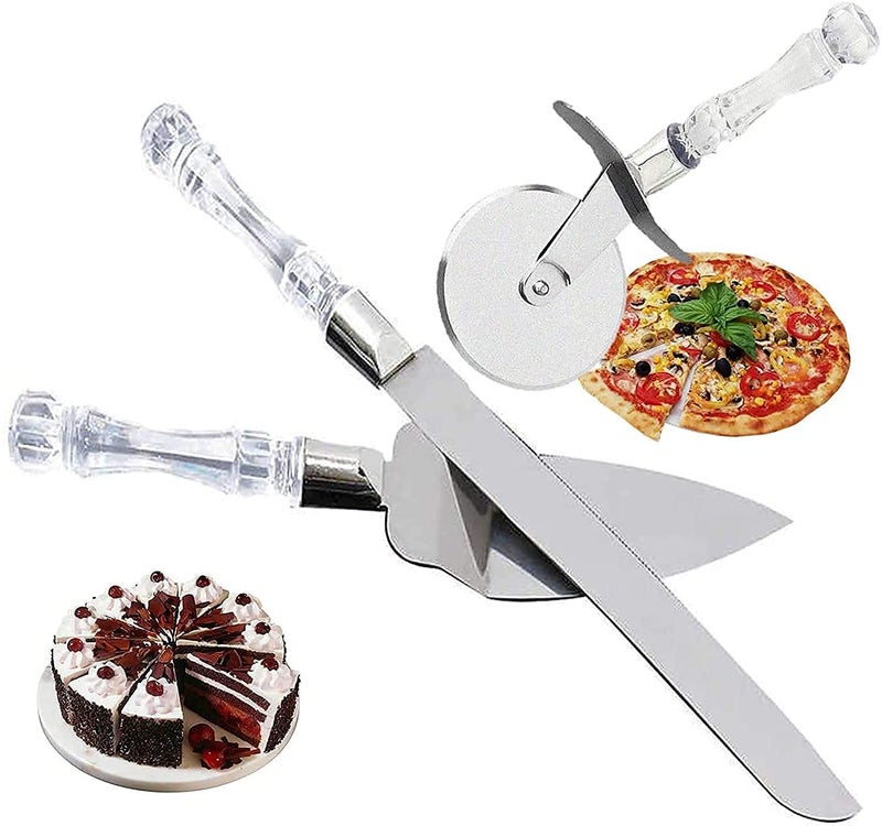Cozron Cozron Cake Knife Set - 3 in 1 Cake Cutting Knife Set - Cake Server & Pizza Cutter/Slicer Set - Bake Ware Tool & Accessories - Cake Icing Spatula Pastry Decorating Hand Tool (Set -3 PCs) - Image 2
