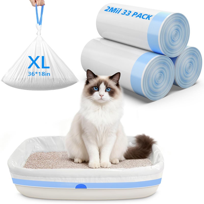 Lunoleum 33 Count Jumbo Litter Box Liners 36" X 18",2mil Pre-Separated Cat Litter Bags with Heavy Duty Drawstring,Extra Thick Leakproof Cat Pan Liners for Kitty Box - Image 1
