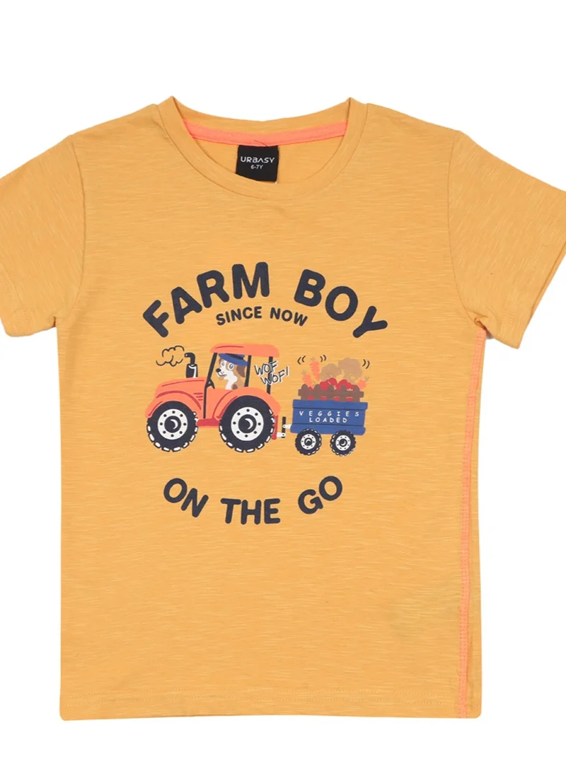 URBASY Boys Printed round neck Mustard T-shirt with Black jogger pants set