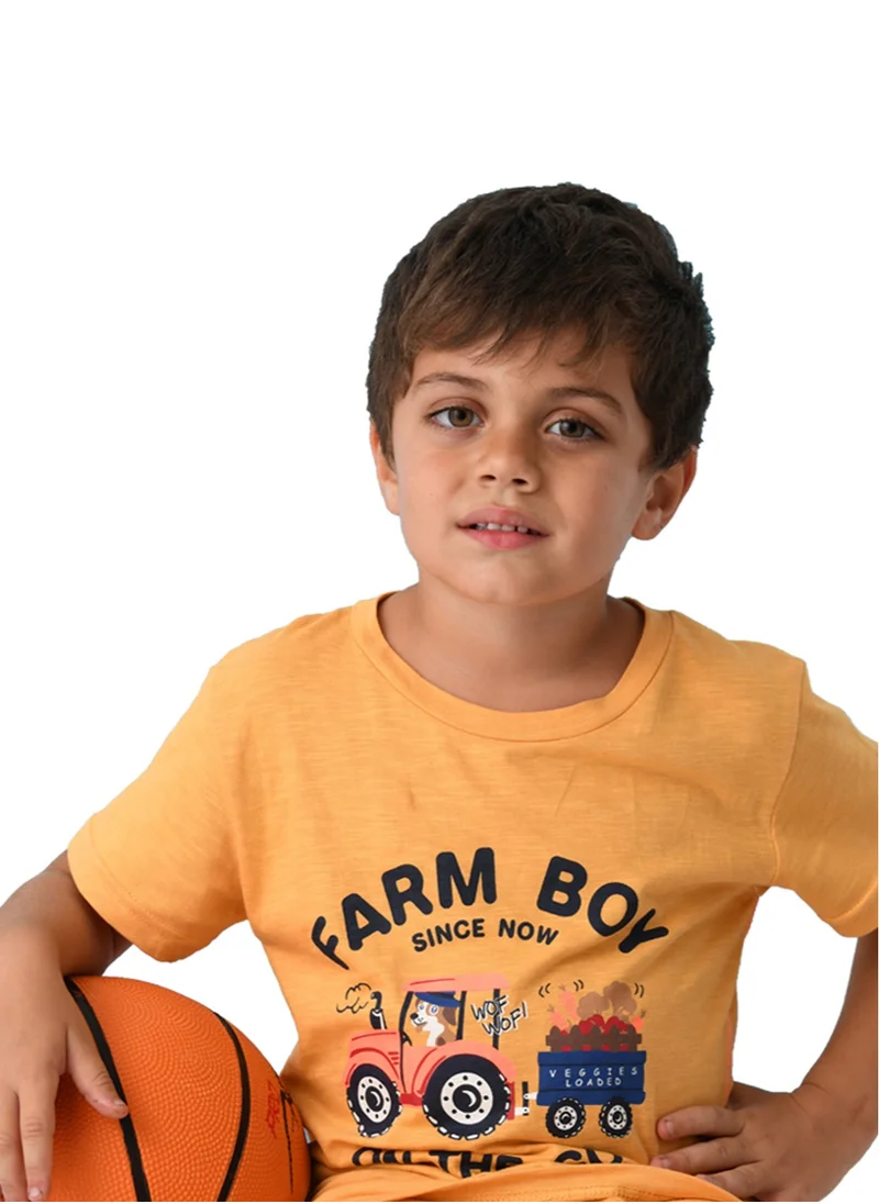 URBASY Boys Printed round neck Mustard T-shirt with Black jogger pants set