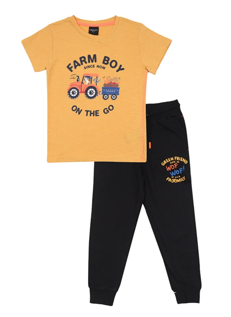 URBASY Boys Printed round neck Mustard T-shirt with Black jogger pants set