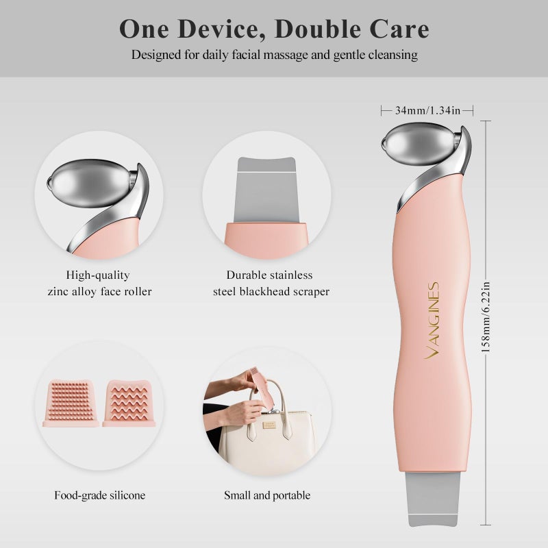Vangines Blackhead Scraper Tool & Skin Scrubber Face Spatula for Blackhead Removal, Pore Cleaning, with Cooling Ice Roller & 2 Silicone Brush Heads (Dusty Rose) - Image 3