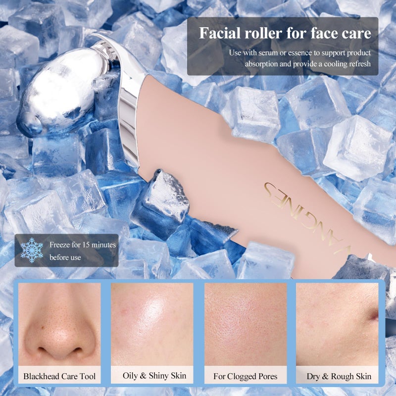 Vangines Blackhead Scraper Tool & Skin Scrubber Face Spatula for Blackhead Removal, Pore Cleaning, with Cooling Ice Roller & 2 Silicone Brush Heads (Dusty Rose) - Image 5