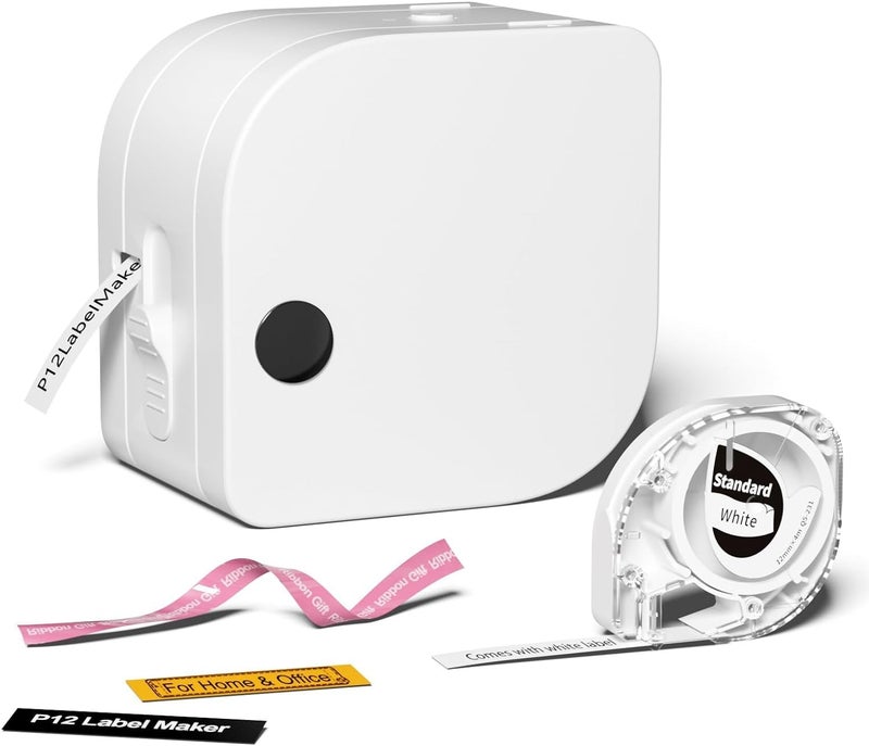 Phomemo P12 Label Makers - Bluetooth Inkless Label Printer Maker with Tape For Office Home School Organization, Small Label Maker Mini Labeler with Multiple Template Icon for Smartphone (White)