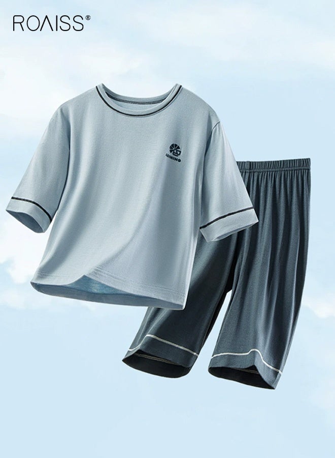 roaiss Boys 2PCS Summer Pajamas Set, Modal Nightwear Set with Short Sleeve Top and Elastic Waist Pants, Skin-friendly Breathable Sleepwear Set for Boys, Comfortable Lightweight Jammies, Perfect for Sleeping or Lounging Around Your House - Image 1