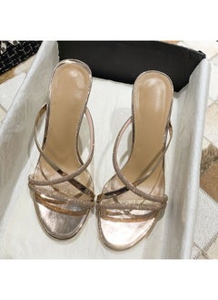 Rup Art Trendy Glittery Strap High Heels Formal Sandals Bling Crystal Design Slippers For Women Heel Sandals Stripper Heels Open Mules Wedding Shoes Summer  - Image 2