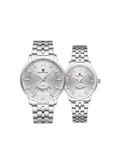 NAVIFORCE Luxury Silver Couple Watch Set Stainless Steel Waterproof Roman Numerals  - Image 1