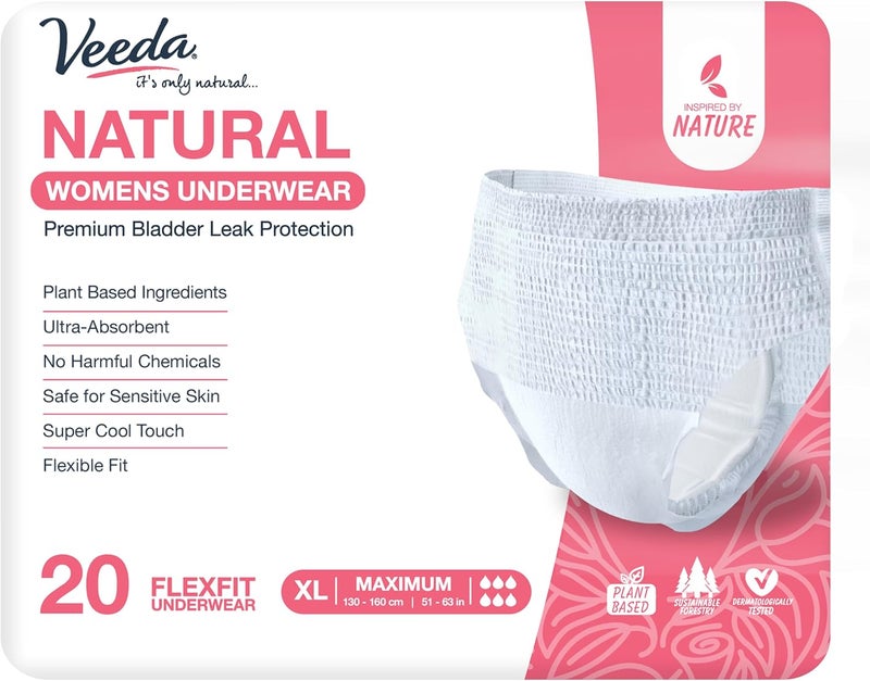 Veeda Veeda Natural Adult Incontinence Underwear for Women - Postpartum Underwear for Bladder Leakage Protection - Disposable Underwear with Maximum Absorbency - X-Large Size - 20 Count 