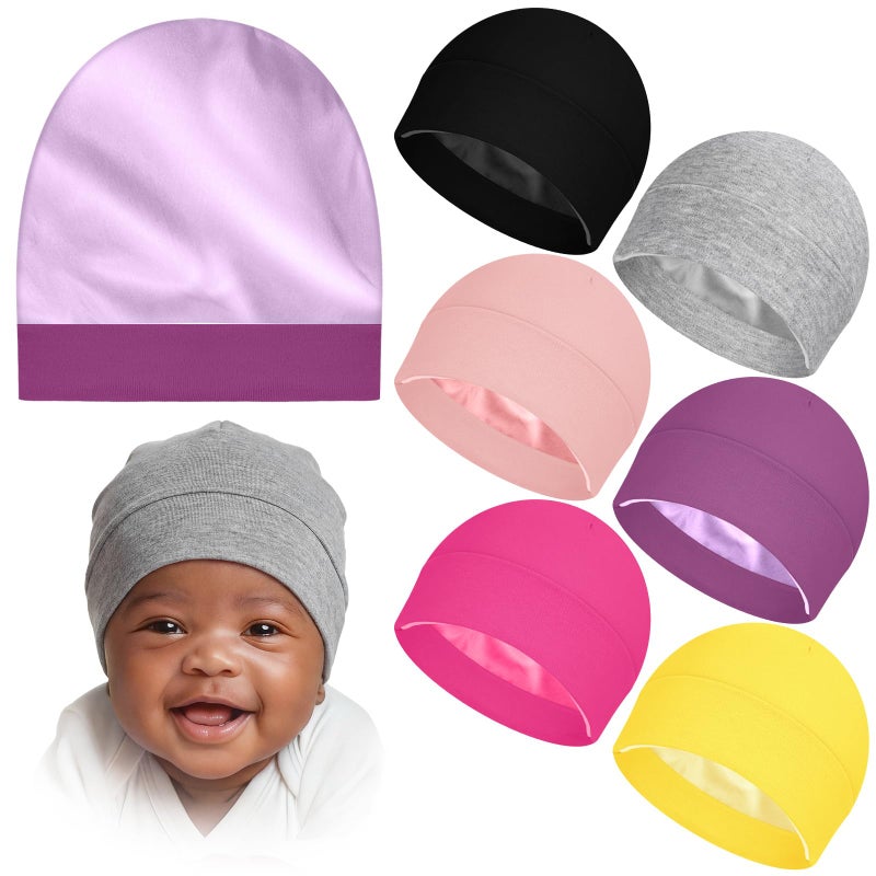 Cotwinter 6 Pcs Satin Lined Baby Newborn Hats Silk Satin Lined Beanie Toddler Hat for Hospital Infant Girls Boys 0-6 Months, Bright Color, One Size - Image 1