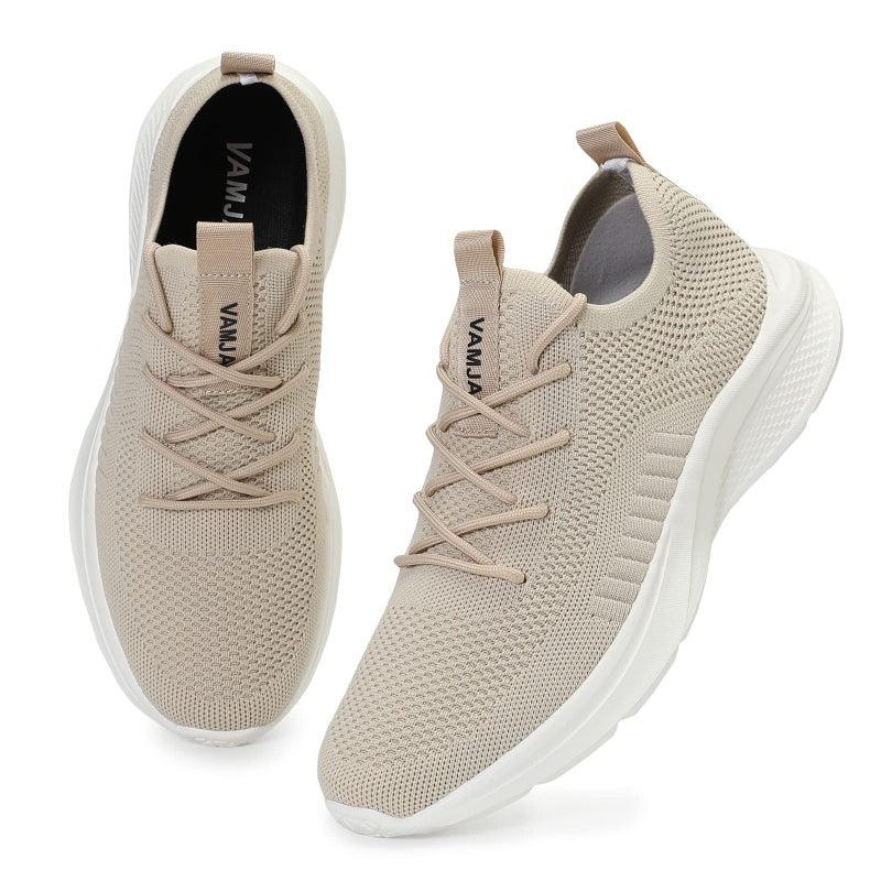 VAMJAM Mens Running Shoes Fashion Sneakers Lightweight Breathable Flying Knitting Lace Up Mesh Walking Shoes Workout Casual Sports Shoes Off White Size 95