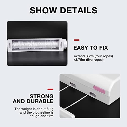ONTRIP Retractable Clothesline Portable Home Indoor Outdoor Plastic Clothes Drying Rope Wall Mount Compact Hanging String Clothe Hanger Clothesline4 Lines - Image 5