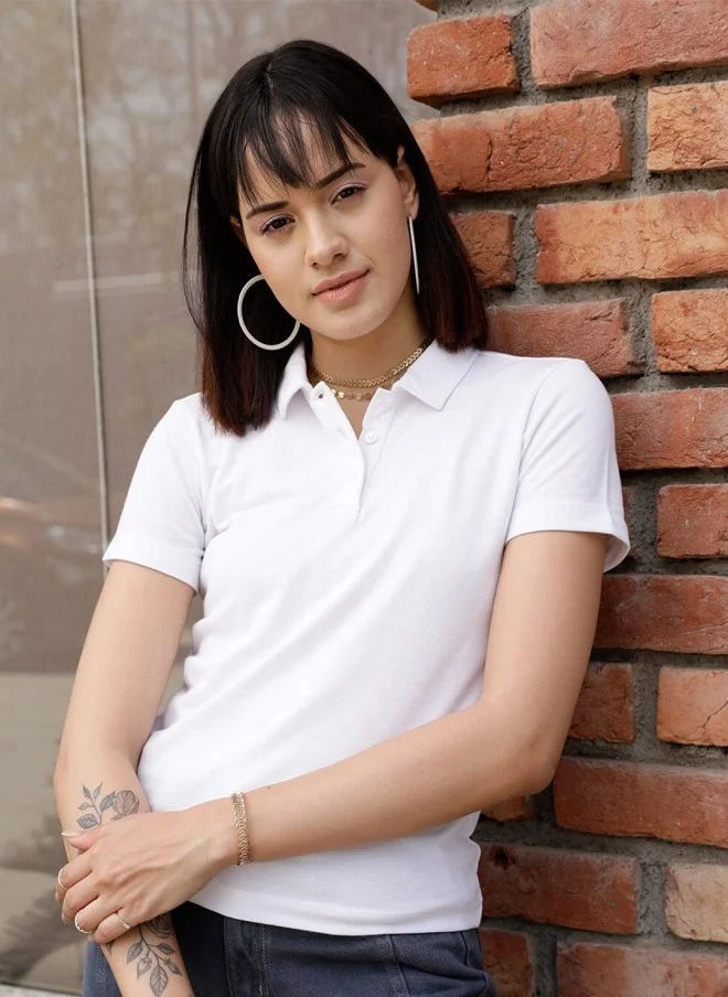 STREET 9 BASICS White Polo Collar Cotton T-Shirt for Women