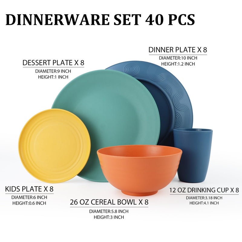 Perlapoc Wheat Straw Dinnerware Set 40 PCS - Service for 8 | Plates and Bowls Sets | Unbreakable Dishes Set - Dinner Plates, Dessert Plate, Cereal Bowls, Drinking Glasses, Dishwasher Safe - Multi - Image 2
