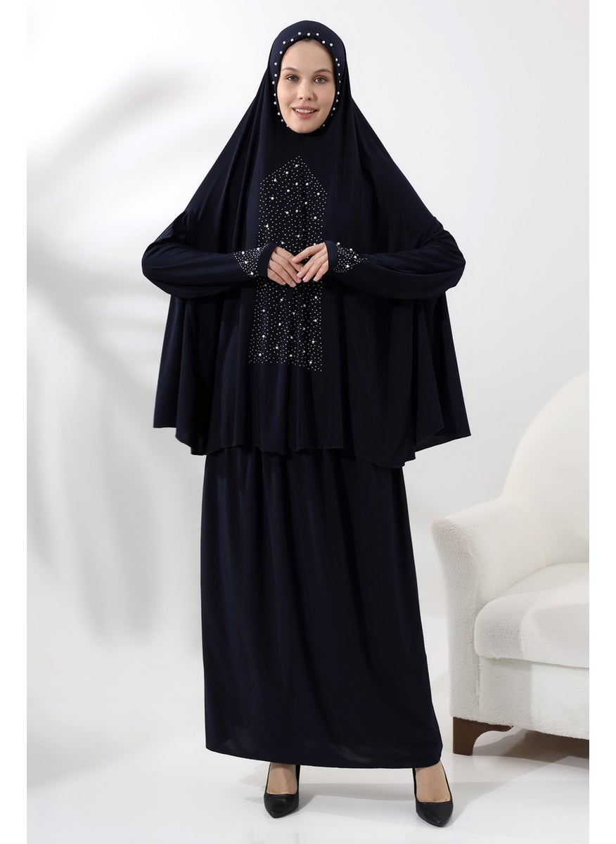 İhvan Ihvan Two Piece Prayer Dress with Pearls and Stones, Top and Bottom Practical Dress 8017 Navy Blue  - Image 2