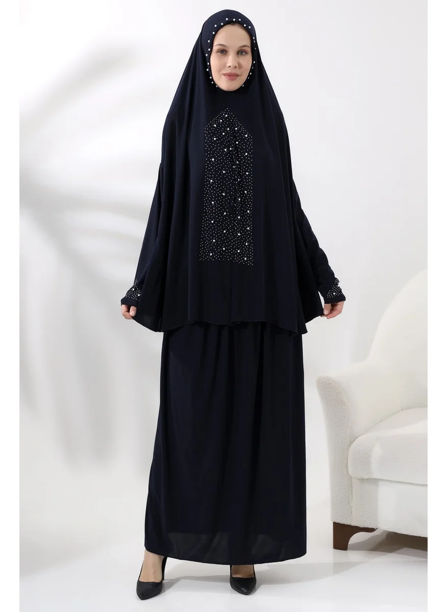 İhvan Ihvan Two Piece Prayer Dress with Pearls and Stones, Top and Bottom Practical Dress 8017 Navy Blue