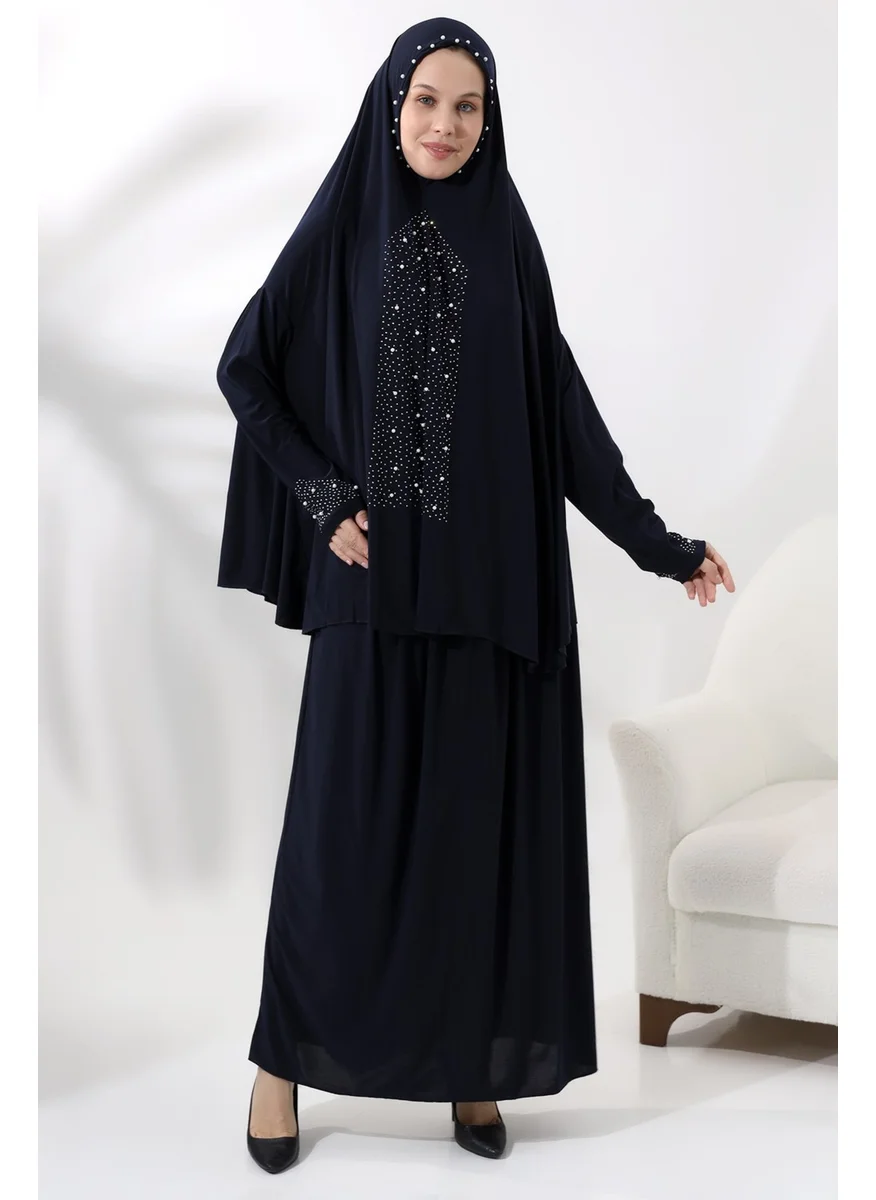 İhvan Ihvan Two Piece Prayer Dress with Pearls and Stones, Top and Bottom Practical Dress 8017 Navy Blue