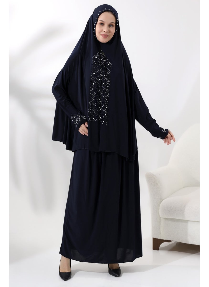 İhvan Ihvan Two Piece Prayer Dress with Pearls and Stones, Top and Bottom Practical Dress 8017 Navy Blue  - Image 5