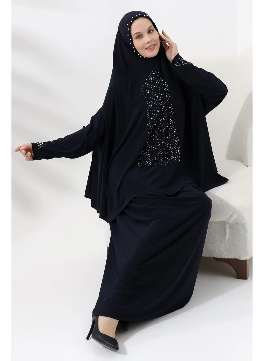 İhvan Ihvan Two Piece Prayer Dress with Pearls and Stones, Top and Bottom Practical Dress 8017 Navy Blue