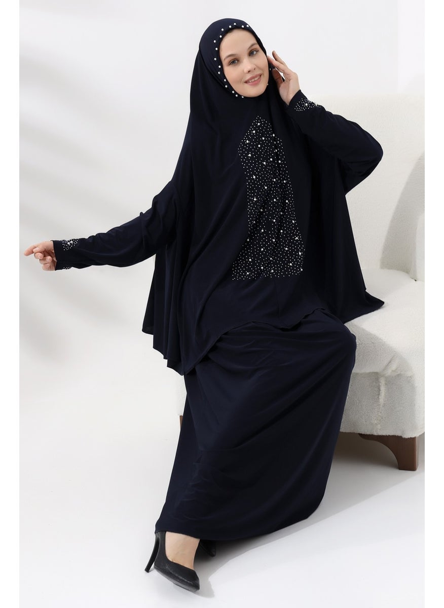 İhvan Ihvan Two Piece Prayer Dress with Pearls and Stones, Top and Bottom Practical Dress 8017 Navy Blue  - Image 4